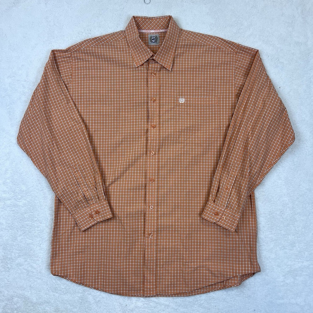 Cinch Shirt Mens Orange Plaid Button-Down Western Cowboy Rodeo Pocket LS